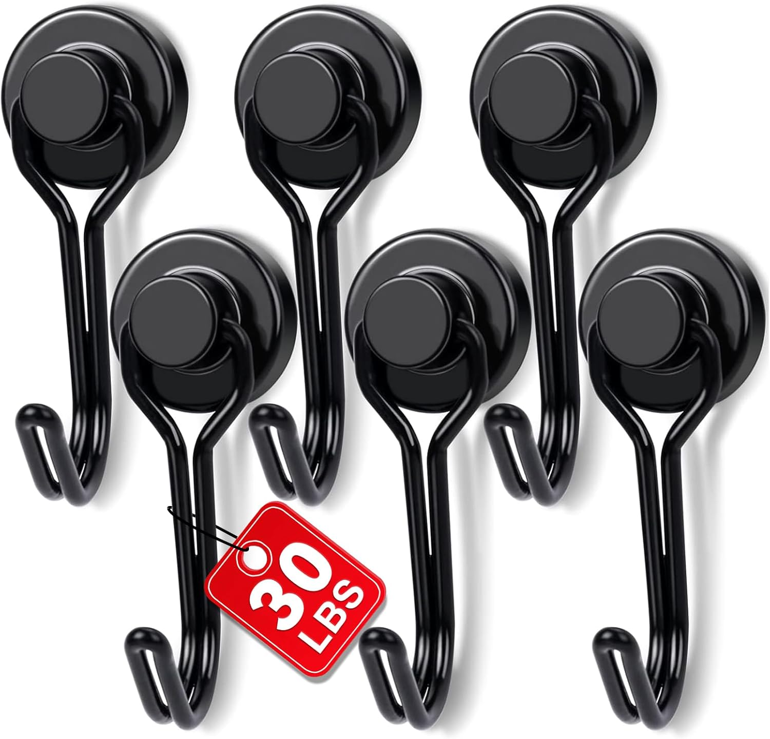 E BAVITE Black Swivel Swing, 30LBS Powerful, Strong Neodymium Rare Earth Magnetic Hooks. Perfect for Refrigerator, Kitchen and Other Magnetic Surfaces, Pack of 6