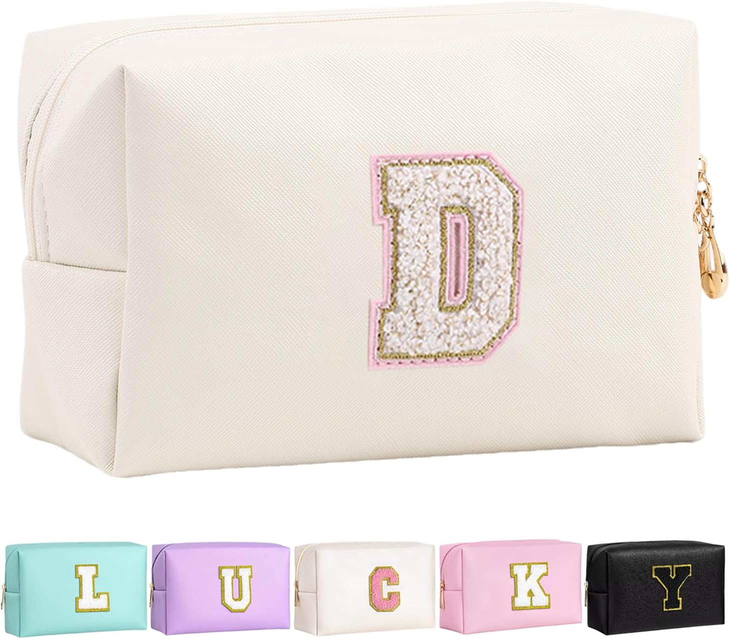 Personalized Initial Makeup Bag Cute Makeup Bag Chenille Letter Waterproof Zipper Cosmetic Bags for Women, Preppy Makeup Pouch Travel Toiletry Bag Organizer Birthday Gift for Girls, Beige-Pink, N