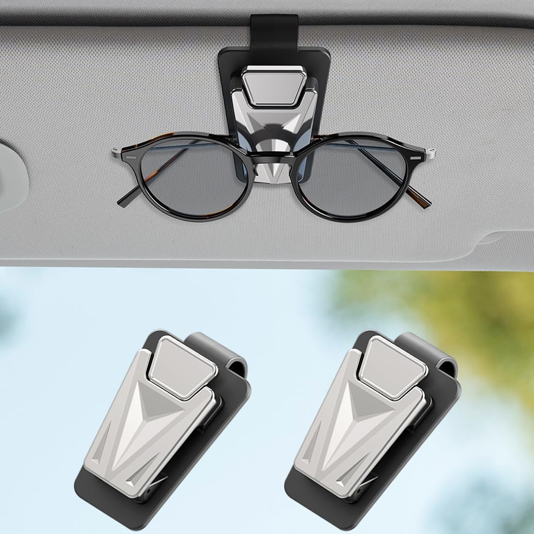 2 Pack Sunglasses Holders for Car Visor,Snap on Car Sunglasses Holders Clip,Car Visor Accessories for Most Glasses (Black Silver)