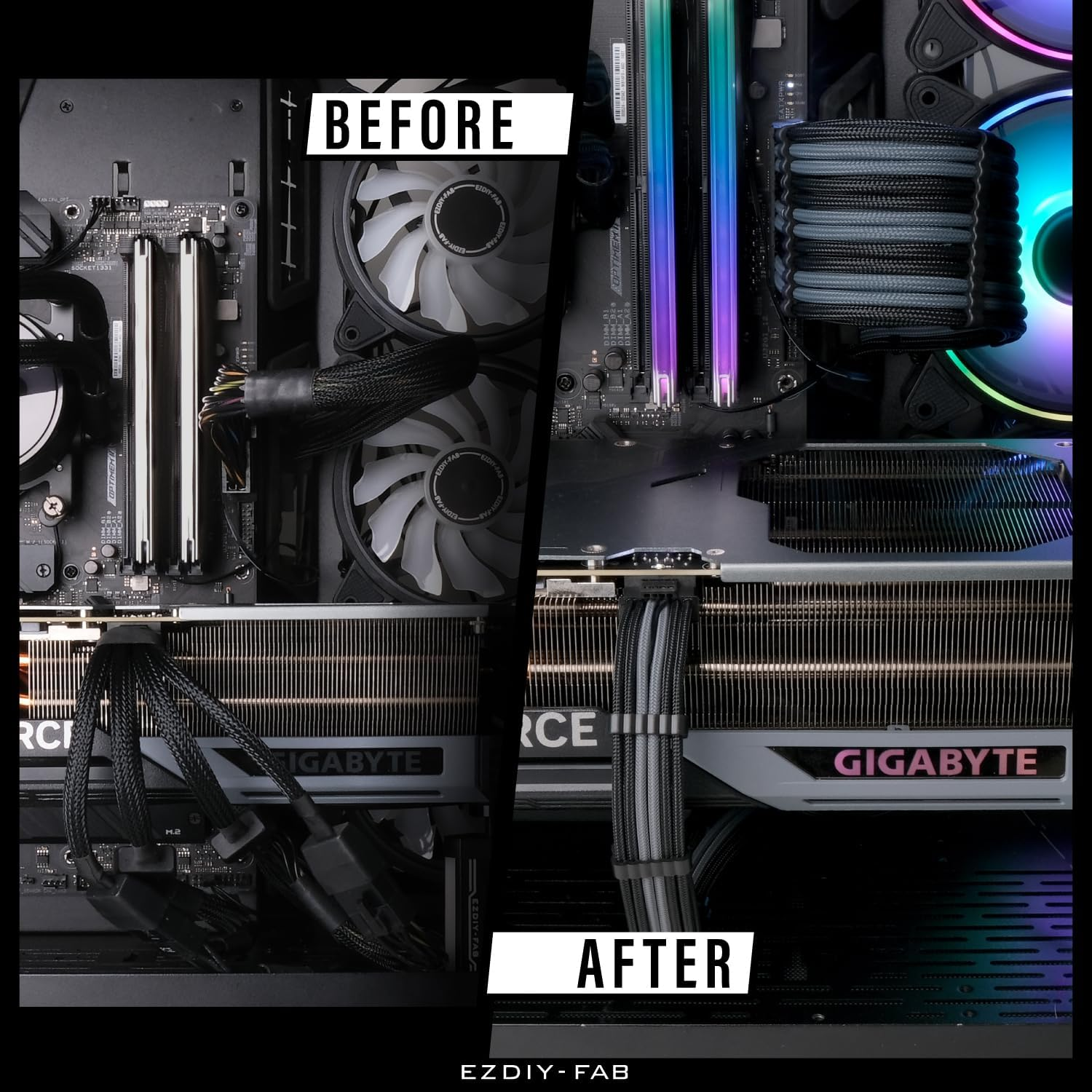 EZDIY-FAB PCIE 5.0 12VHPWR Sleeved Cable Kit, 16AWG Power Supply Cable Extension, PC PSU Sleeved Cables, 24PIN-ATX/(4+4) PIN-EPS/(12+4) PIN to 3X 8 PIN PCIE- Rtx4080/4070Ti - Black/Grey image number 1