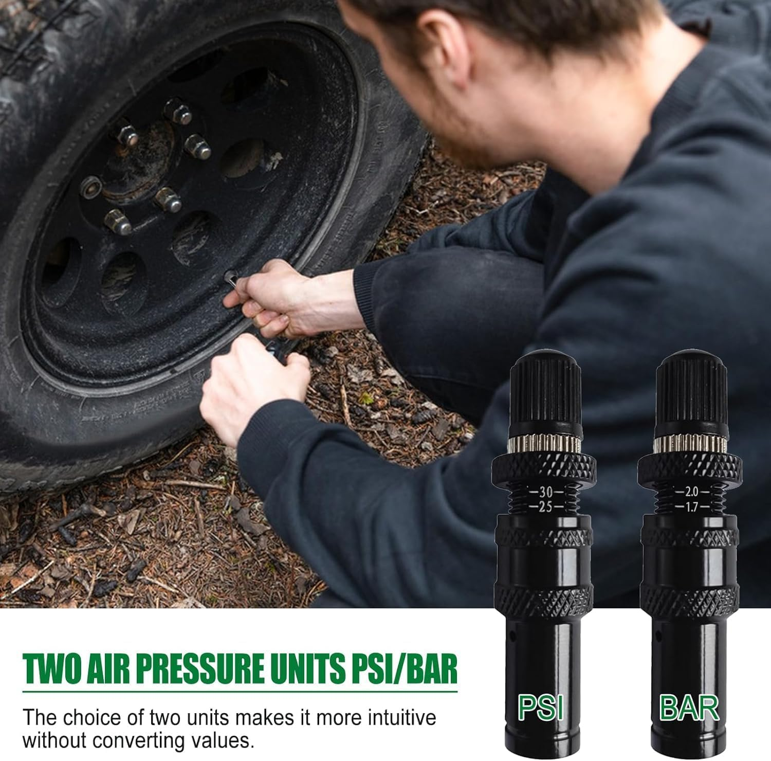 Dsocool 4 Pcs Automatic Tire Deflators Kit, 10-30 PSI / 0.7BAR-2.1BAR Adjustable Tire Deflator with 4 Valve Caps, Auto-Stop Tire Air Deflator Valve for Cars Trucks Motorcycles Offroad Vehicle Atvs Tir image number 5