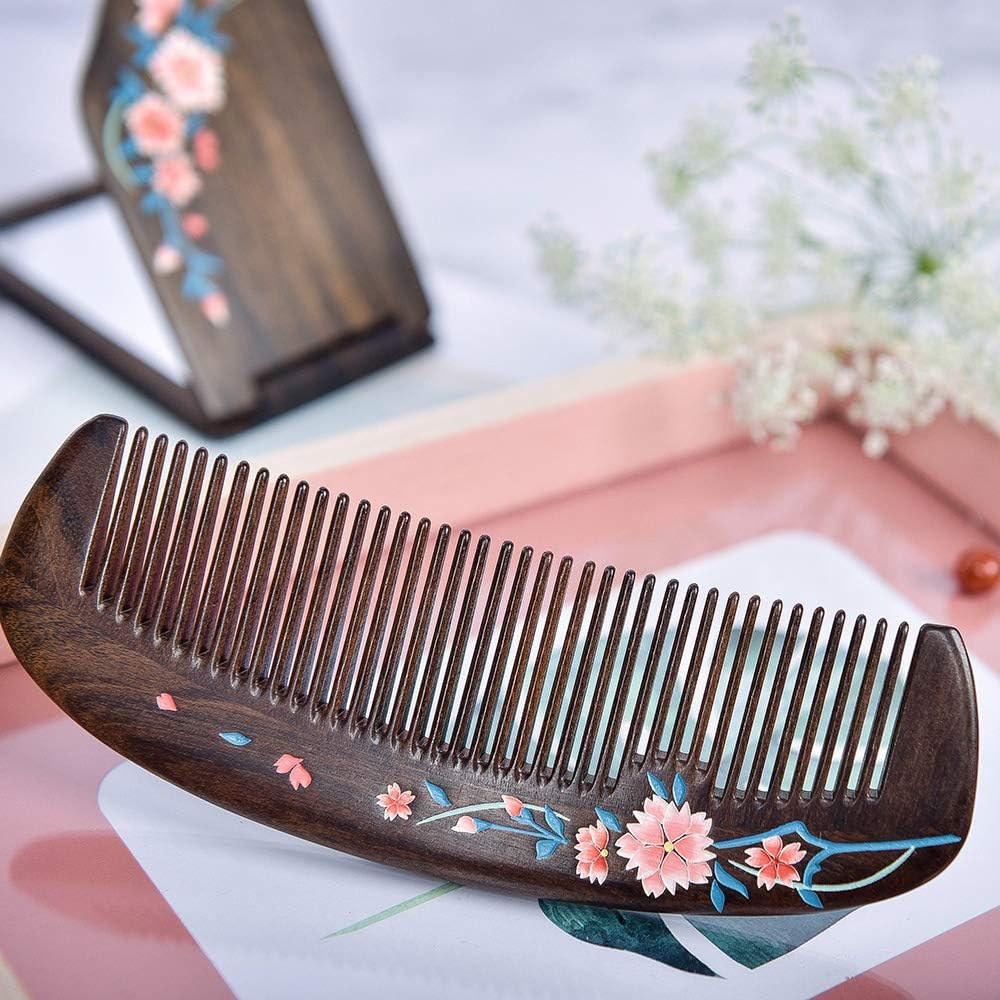TAN MUJIANG Natural Wooden Comb & Mirror Set - Handcrafted Natural Wooden Haircare Kit with Sakura Design image number 3