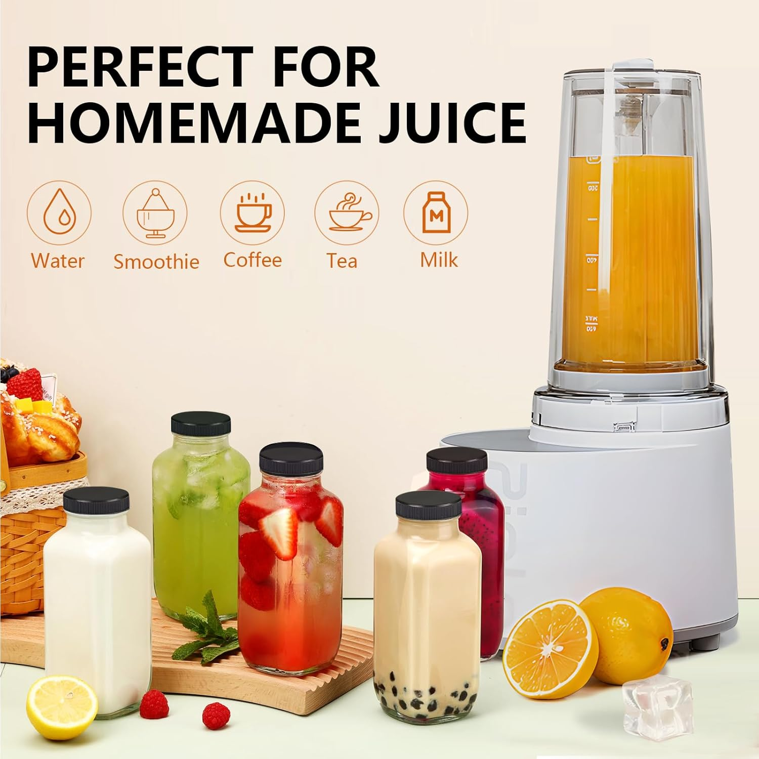 Fayrvind 8 Pack Glass Juice Bottles, 350Ml Wide Mouth Smoothies Bottle, 12Oz Clear Drinking Jar for Water Milk Beverage Kombucha, Reusable Juice Container with 10 Lids and Brush image number 5