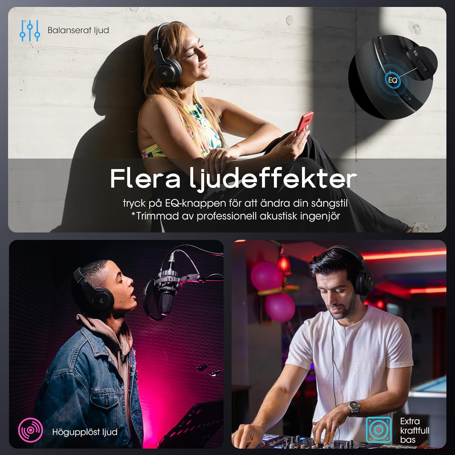 DOQAUS Bluetooth Headphones over Ear, 90H Playtime Bluetooth 5.3 Wireless Headphones with Microphone with Hifi Stereo Sound, Deep Bass for Travel Mobile Phone, Black image number 3