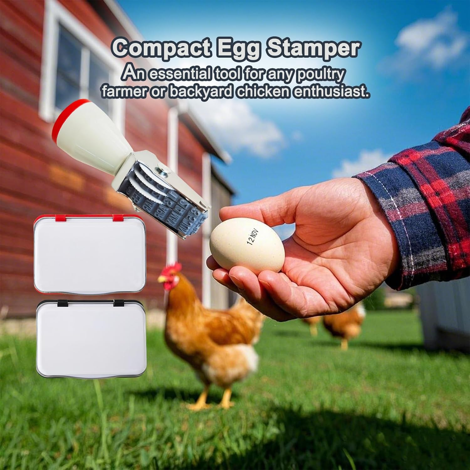 Egg Dating Stamp Kit with 4Mm Rubber Stamper, Black and Red Ink Pads, for Farm Fresh Eggs, Chicken Duck Turkey Eggs (White) image number 5