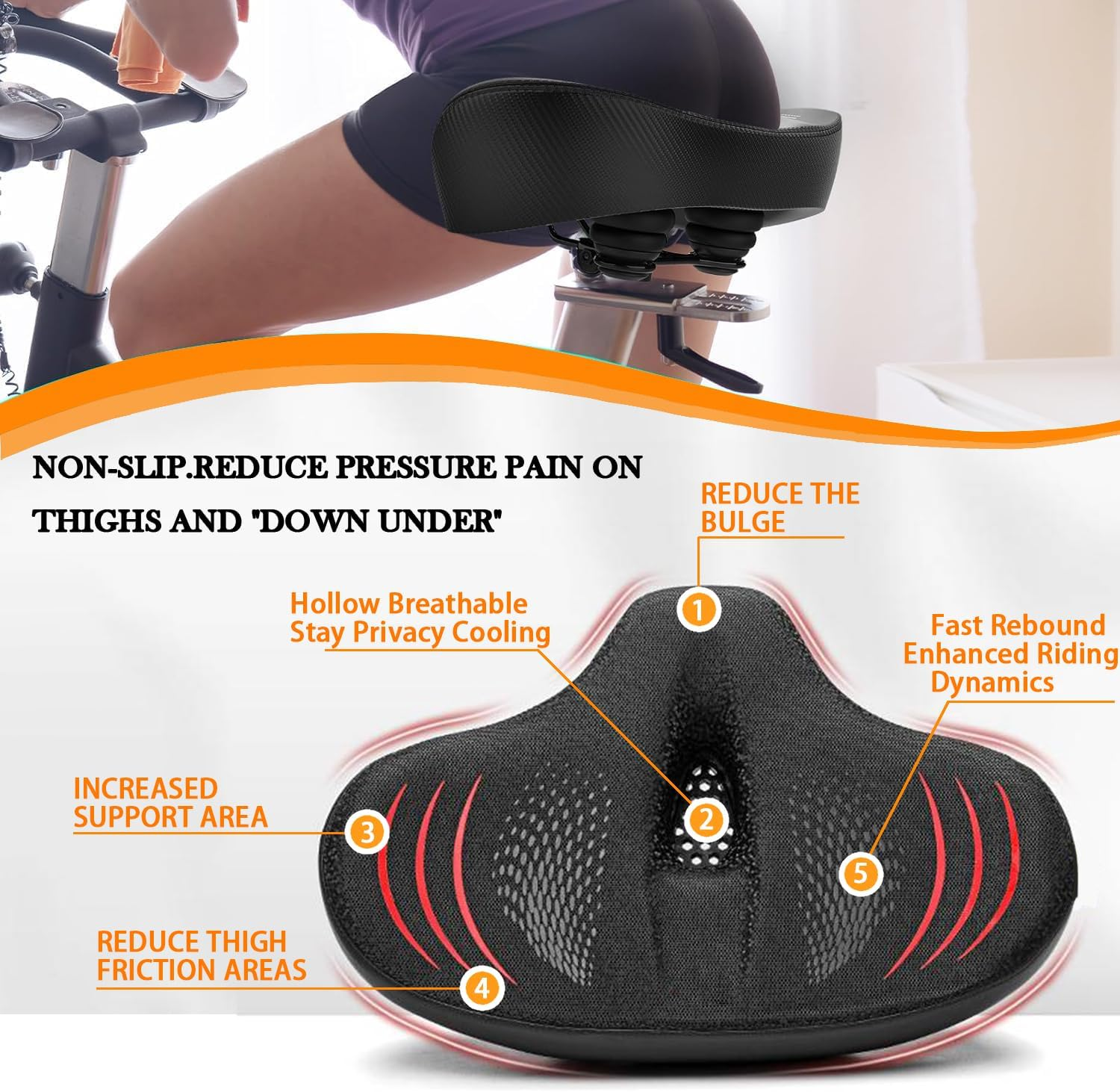 Upgrade Extra-Wide Noseless Bike Saddle with Memory Foam, Waterproof & Super Comfort, Compatible with Peloton Bikes, Exercise Bikes, Ebikes and City Bicycles image number 3