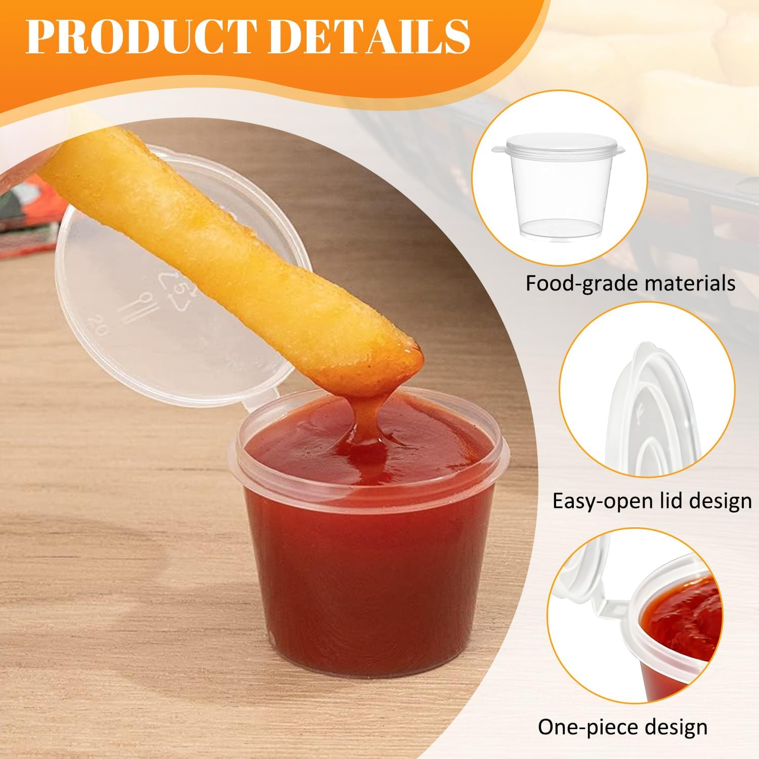 100 Pack round Food Container Pots with Lids, Plastic Cups with Lids Reusable Shot Condiment Cup,Dipping Sauce & Salad Dressing、Clear Small Deli Pot Restaurants Takeaways Sauce Container (Transparent) image number 6
