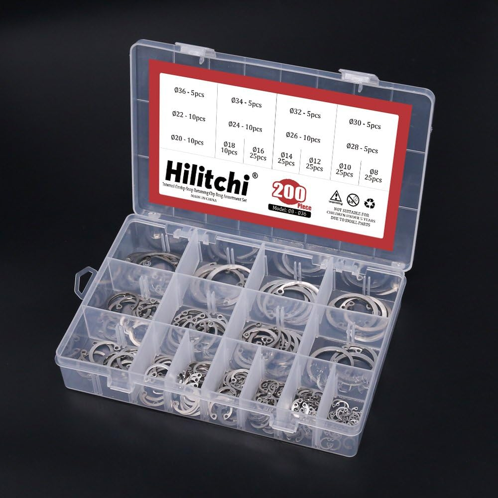 Hilitchi 200-Pcs [15-SIZE] Internal Circlip Snap Retaining Clip Ring Assortment Set - 304 Stainless Steel image number 3