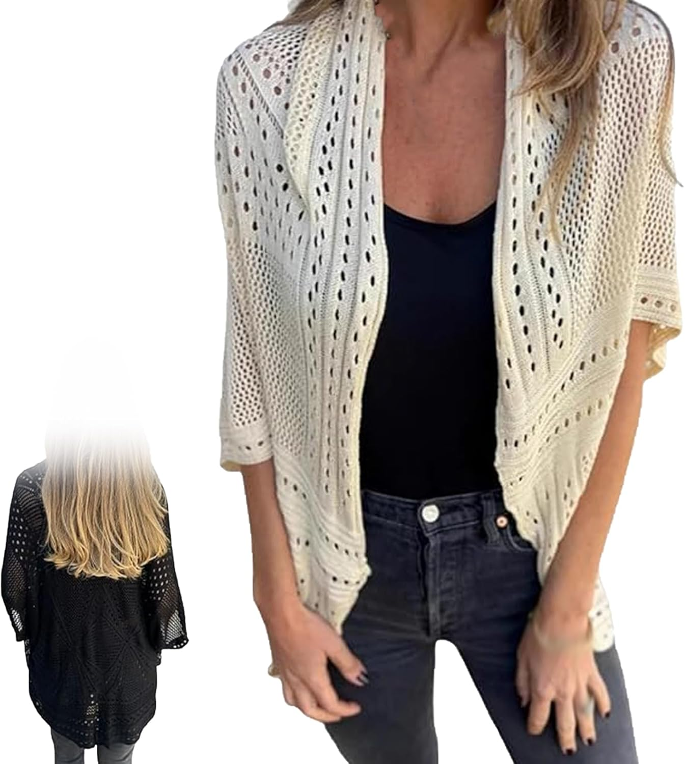 Arisefrom Hollow Half-Sleeve Cardigan, 2025 New Womens Crochet Hollow Out Knit Tops, Lightweight Hollow Knit Half-Sleeve Cardigan, Women Summer Sweater Lightweight