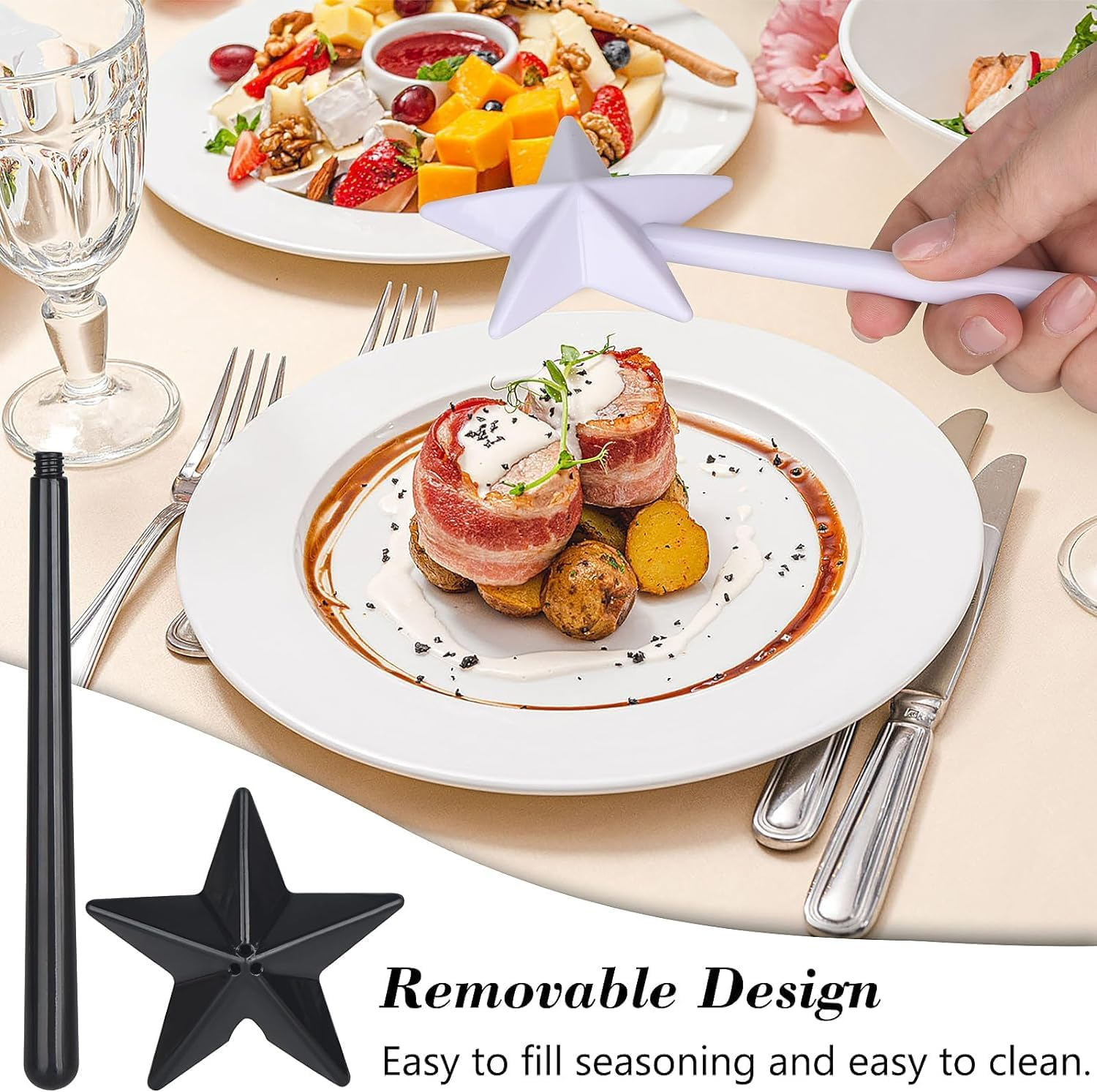 2 Pcs Salt and Pepper Shakers, Magic Star Wand Shaped Seasoning Bottle Refillable Spice Tools Seasoning Container with 3 Holes Kitchen Supplies for Restaurant Decor Party image number 1