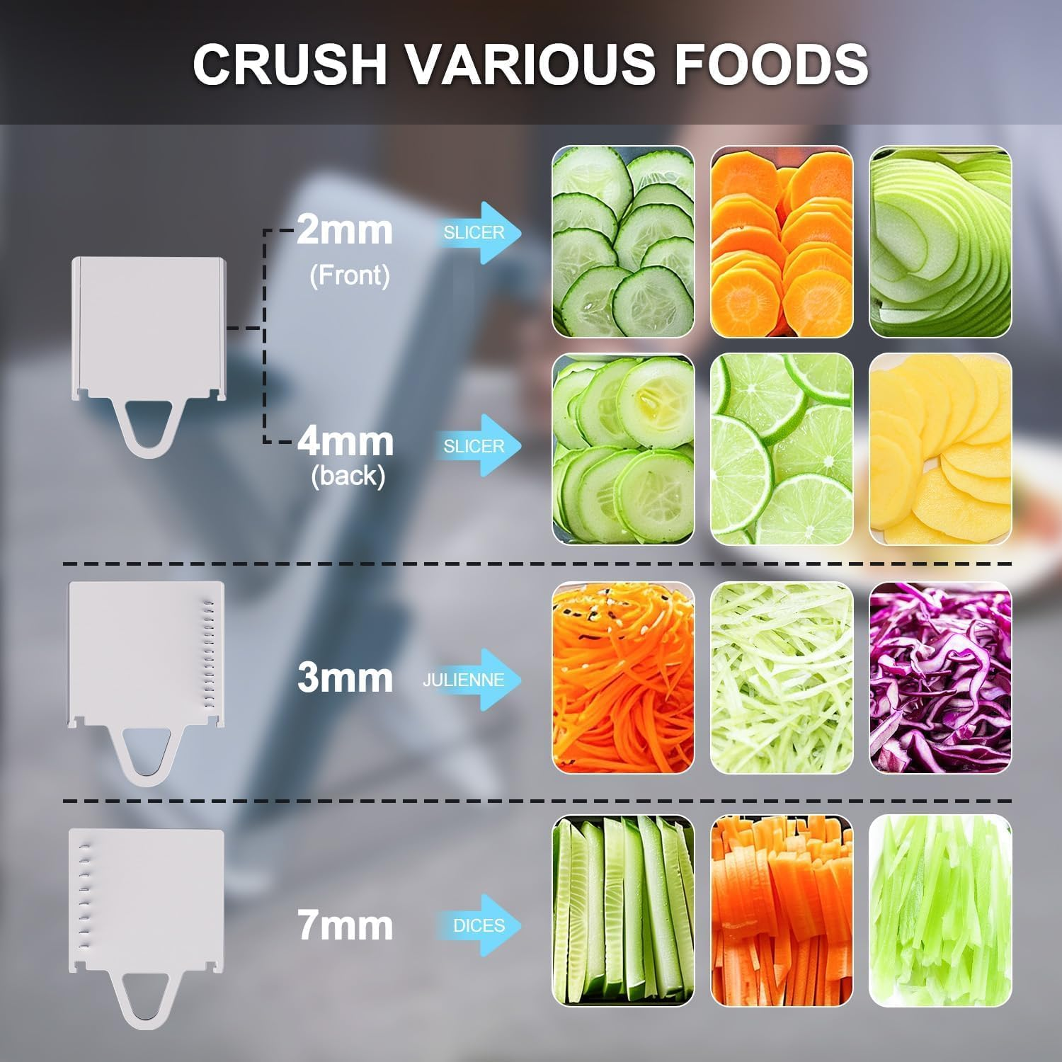 Upgrade Safe Mandoline Slicer for Kitchen - Multifunctional Vegetable Salad Chopper, Potato Cucumber Slicer, French Fry Cutter, Professional 3 in 1 Veggie Food Chopper with Container (Light Grey) image number 5