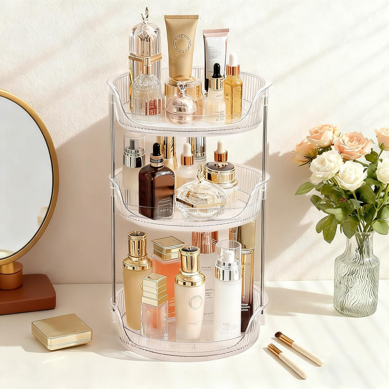 YUDSKU Makeup Organiser, 360 Rotating Spinning Skincare Cosmetic Organiser 3 Tier Large Beauty Spinny Makeup Storage Organiser, Storage Display Case for Bathroom Countertop, Dresser, Vanity image number 2