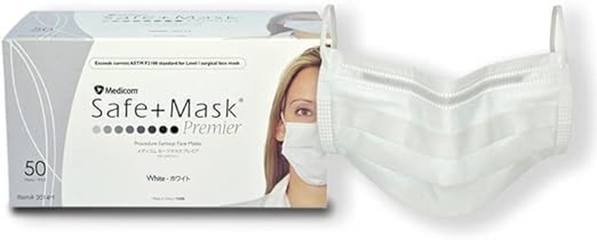 Medicom Safe+Mask Premier 3-Ply Layers, Breathable, Adjustable Earloops, Fluid Resistant, Protective PPE, Non-Woven, Disposable, Latex Free, Protection, Dust Safety Masks - (50/Box)