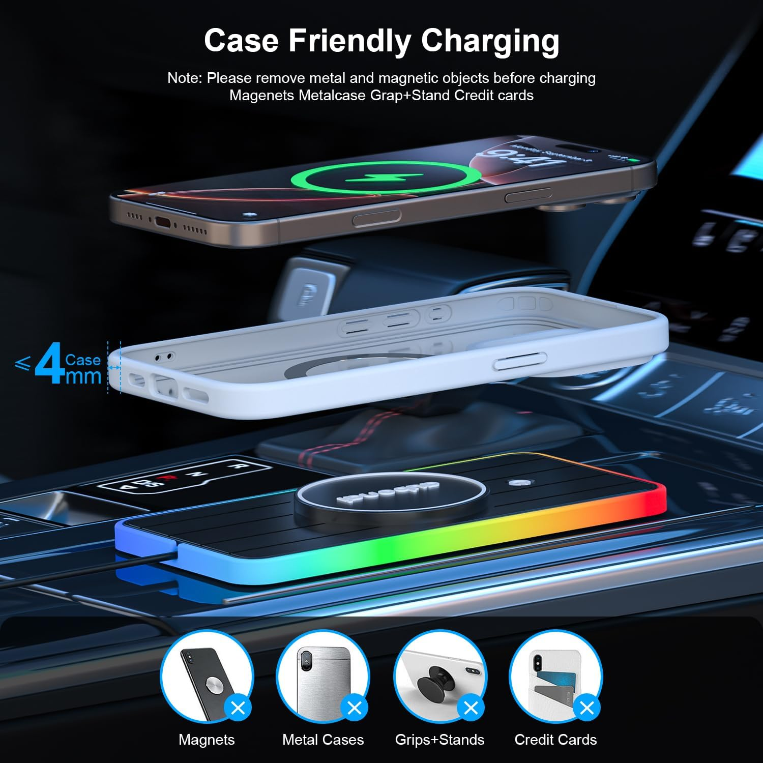 Magnetic Wireless Car Charger Pad, Aubenai 15W RGB Fast Wireless Charging Pad Non Slip Charging Mat with 70Cm Extension Cable Compatible with Magsafe Charger Iphone 16 15 14 13 12 (Extension USB-A) image number 5
