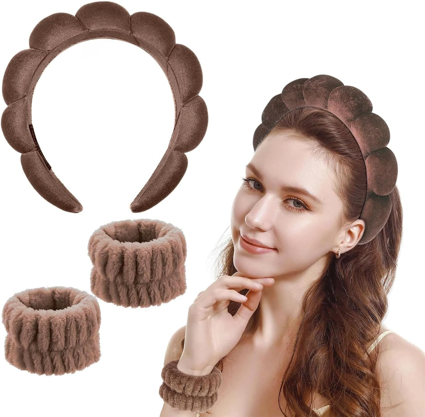 Sponge Headband Bracelet Sets for Washing Face, Makeup Headbands for Women Girls, Skin Care Makeup Removal Washing Spa Yoga Sports Shower Headband Terry Towel Hair Band
