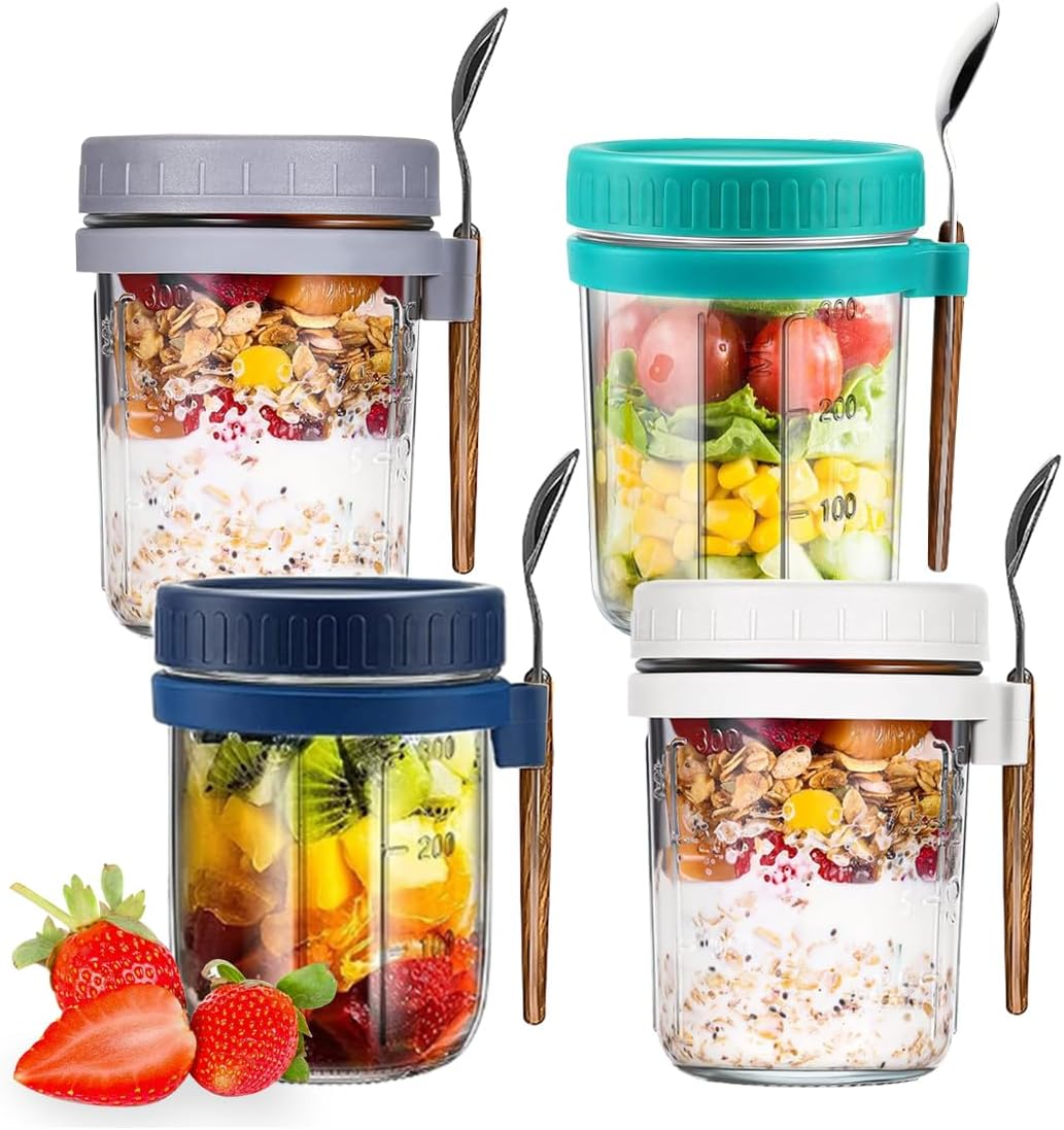 Overnight Oats Container Jars, Airtight Oatmeal Container with Lids and Spoons, 12Oz Glass Food Storage Containers for Milk, Cereal, Fruit, Yogurt Containers (4Pcs) image number 3