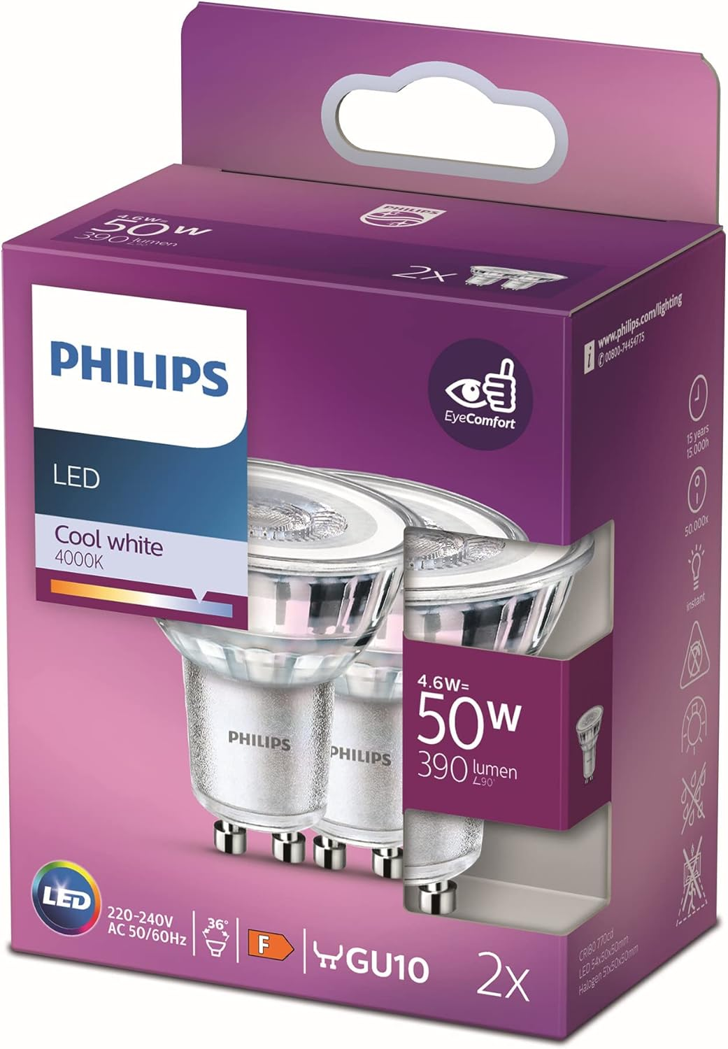 Philips LED Classic Single Pack [GU10 Spot] 4.6W - 50W Equivalent, 220-240V, Cool White 4000K (Non-Dimmable)