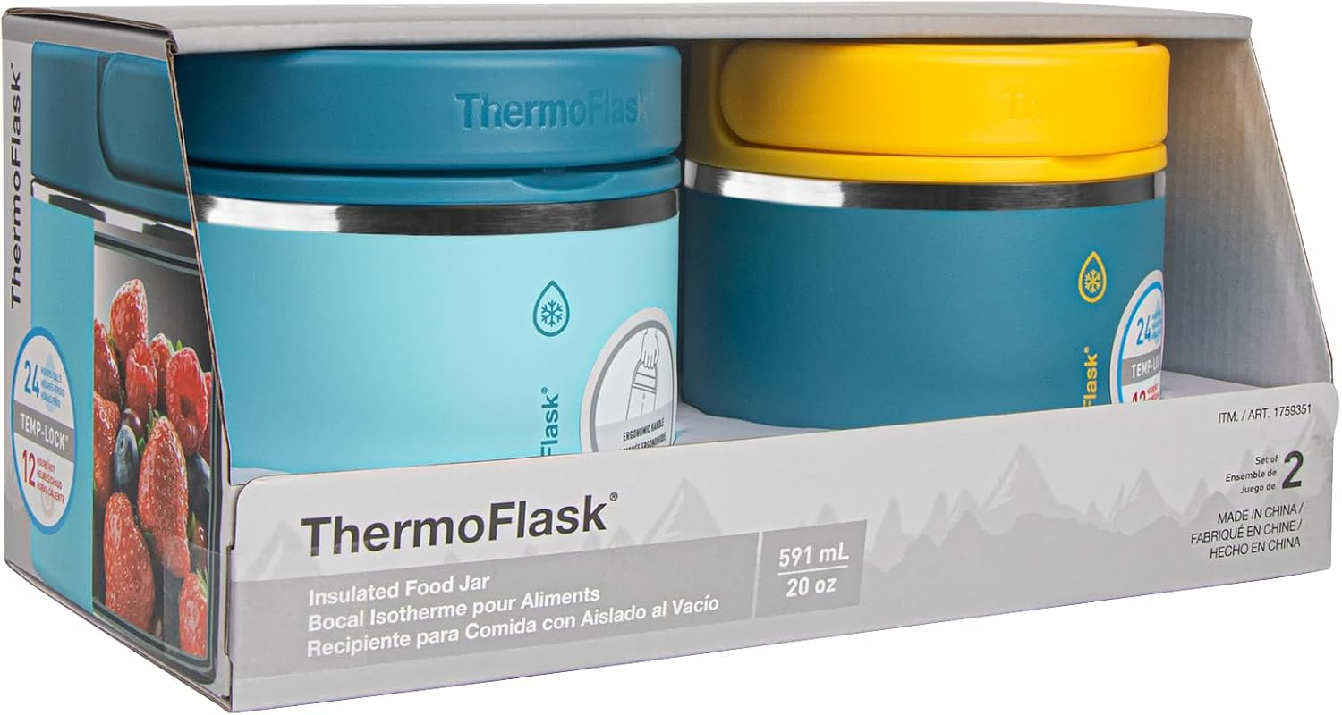 Thermoflask 20 Oz Double Wall Insulated Food Jar, 2-Pack, Tropical Blue + Backpack Blue/Backpack Blue + Ray Flower image number 1