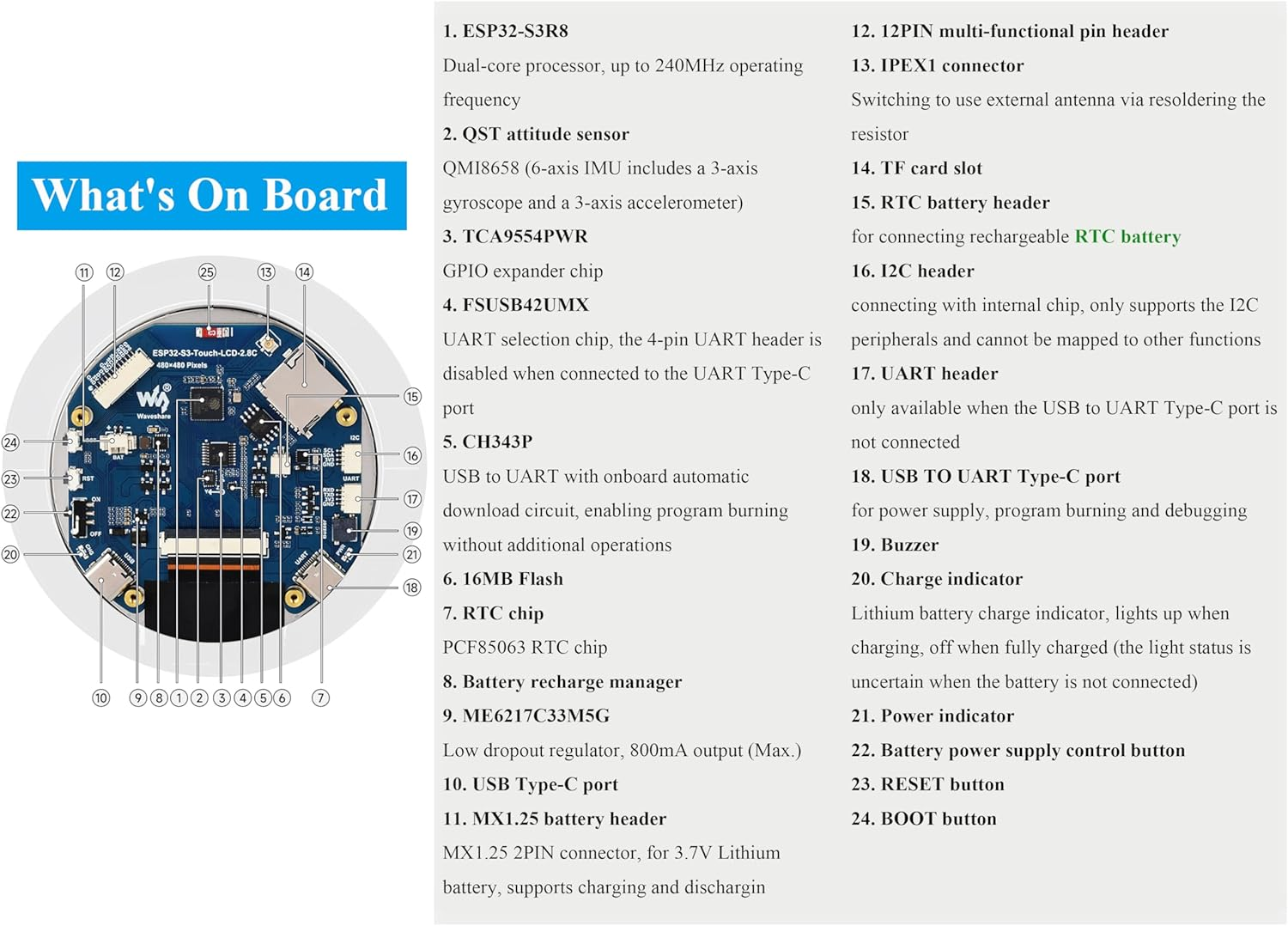 Ueekkoo ESP32-S3 2.8" round Display Development Board, 480X480 Resolution IPS Display, 32-Bit LX7 Dual-Core Processor, Wifi & BLE, Single Board Computer image number 2