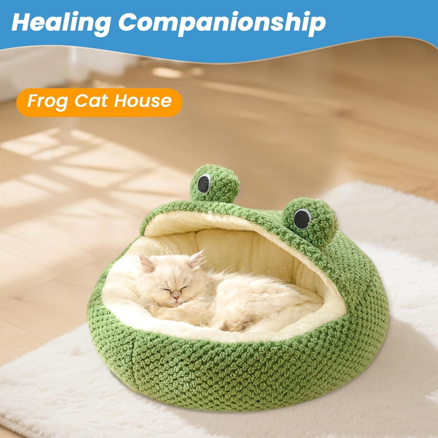 Cute Frog Cat Bed with Cover Cozy Plush Fluffy Warm Cave Style Pet Bed for Indoor Cats and Small Dogs Anti-Nxiety Washable Waterproof Bottom,40Cm image number 3