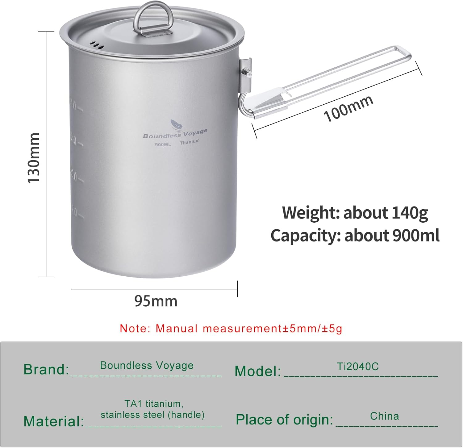 Boundless Voyage Camping Titanium Pot 900 Ml Outdoor Bowl Cupwith Lid Folding Handle Hiking Picnic Water Rice Food Cookware 2040C image number 4