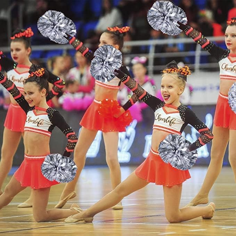4 Pcs Cheerleading Pom Poms Metallic Cheerleader Pom Poms Cheer Squad Pompoms with Baton Handle for Kids Party Dance Cheering Sports Game image number 4