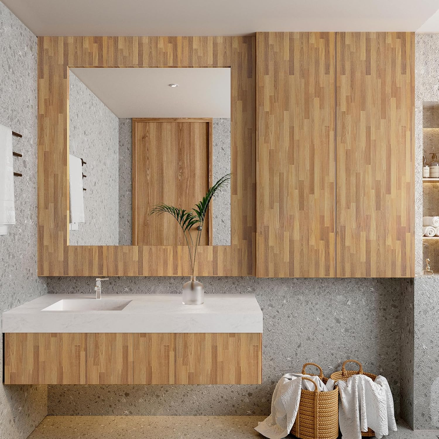 Varypaper Light Brown Patchwork Wood Panel Wallpaper 60Cmx400Cm Wood Vinyl Wrap for Kitchen Worktop Cupboards Sticky Back Plastic Roll Wooden Panelling Wallpaper for Living Room Bedroom Furniture Wrap image number 5