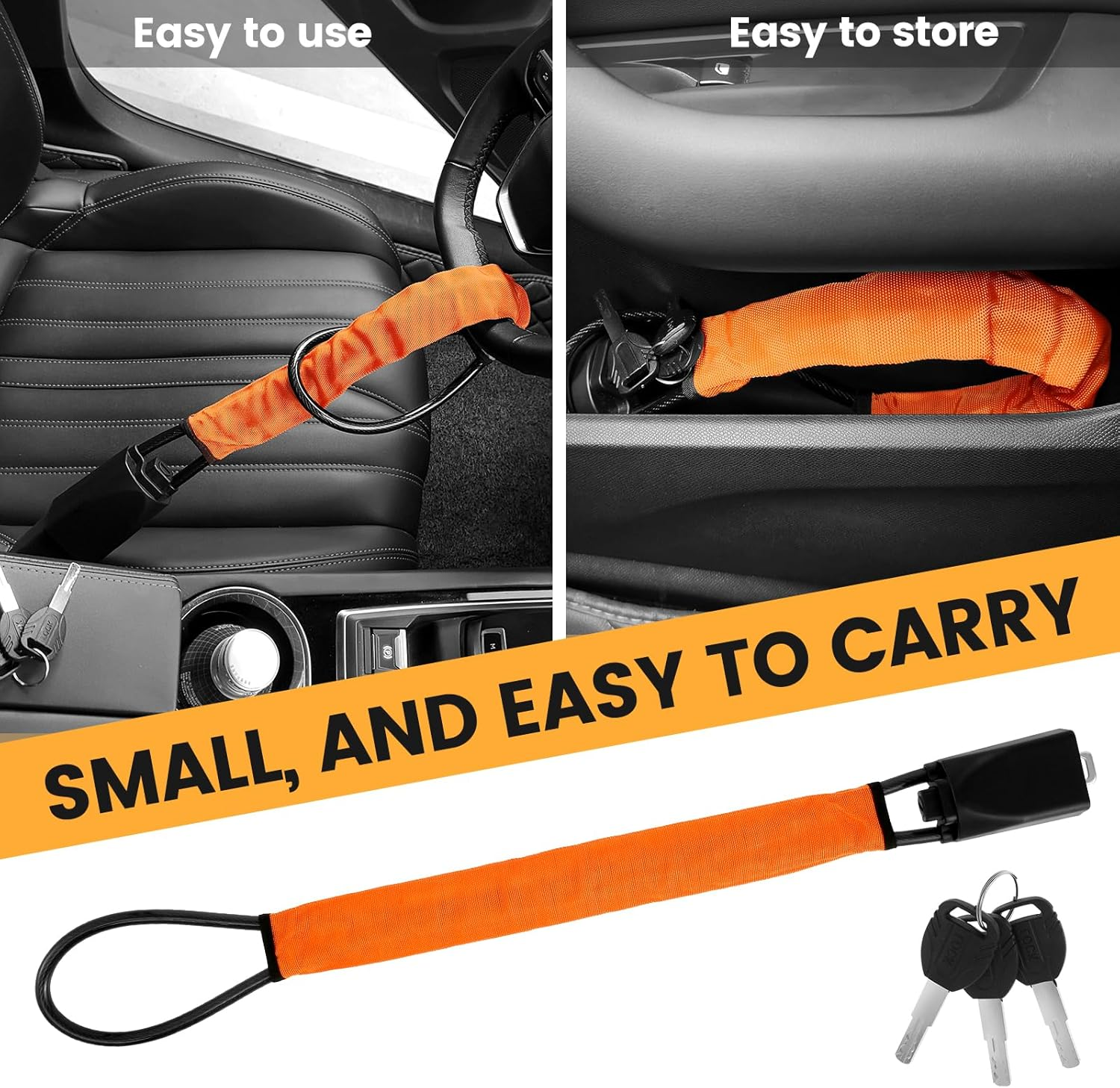 Auto Security Lock, Steering Wheel Lock Car Lock Rope with 3 Keys, Anti-Theft Car Seat Belt Lock, Orange image number 1