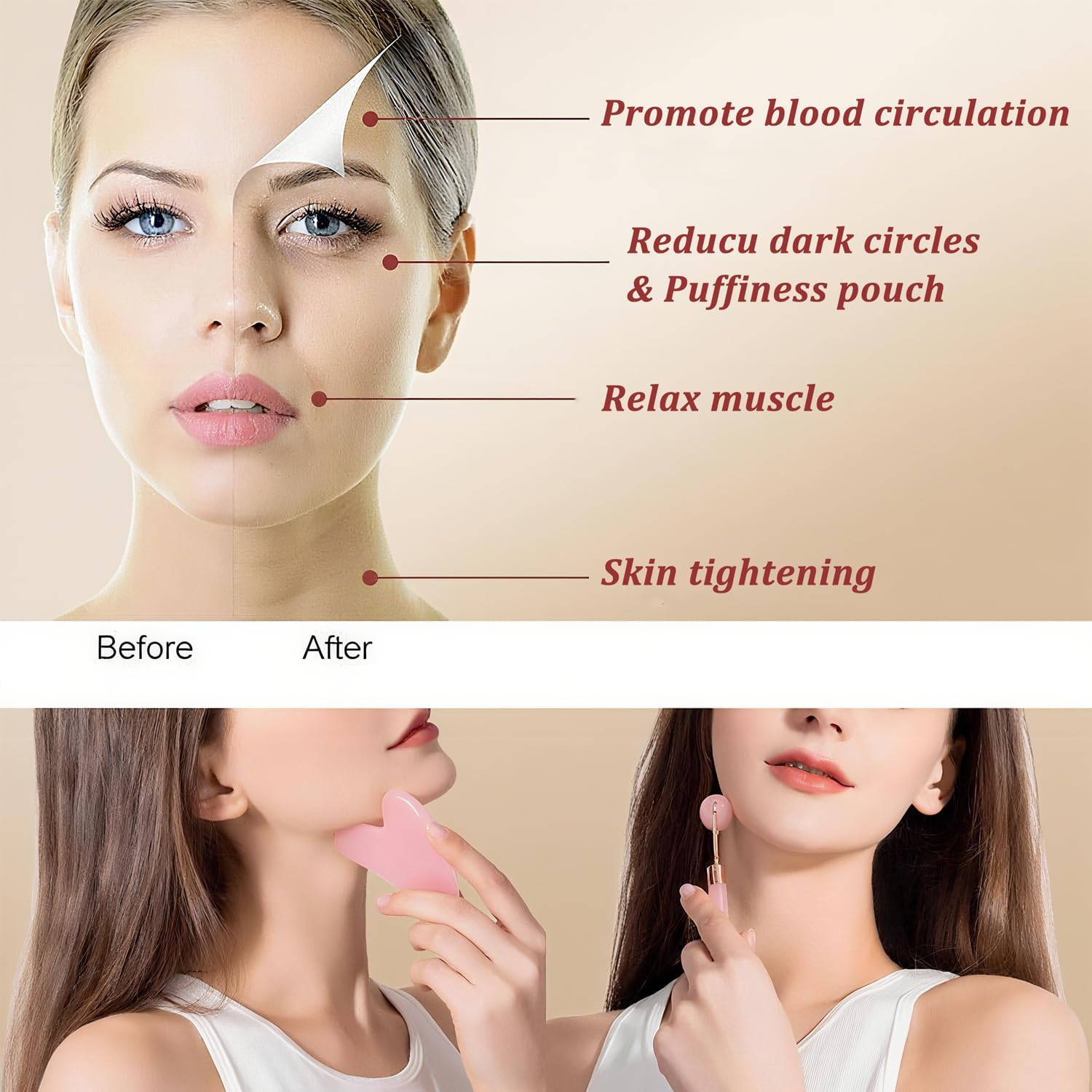 Xinghonyac Jade Roller & Gua Sha Set, Face Roller Massager for Skin Care anti Aging, De-Puffing, Detoxifying, Brightening, and Refreshes Skin Tool(Pink) - Pink image number 3