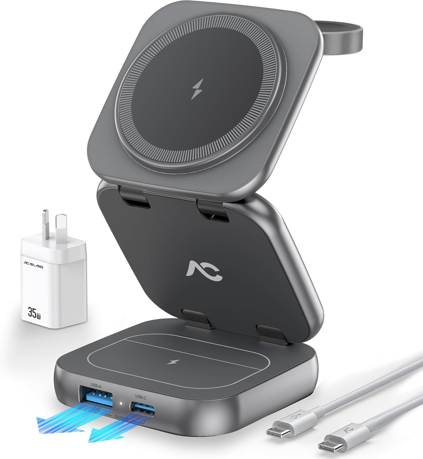 5 in 1 Wireless Charger for Magsafe, AC ISLAND Foldable Charging Station for Apple, Magnetic Multi Charging Stand Dock for Iphone 17/16/15/14/13/12 Series, Apple Watch Airpods (With 35W Gan Adapter)