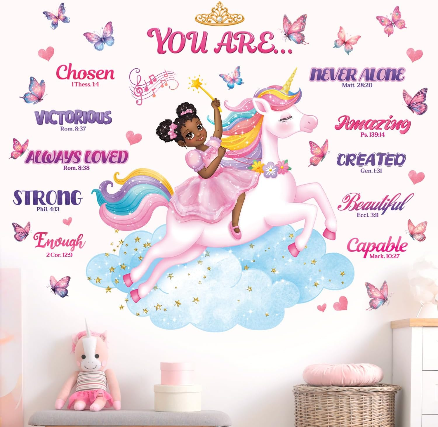DECOWALL SG2-2503 Black Girl Unicorn Bible Verse Wall Stickers Decals Inspirational Girls Bedroom Nursery Peel and Stick Princess Decor Butterflies Kids Baby Removable Home Art Quotes image number 4