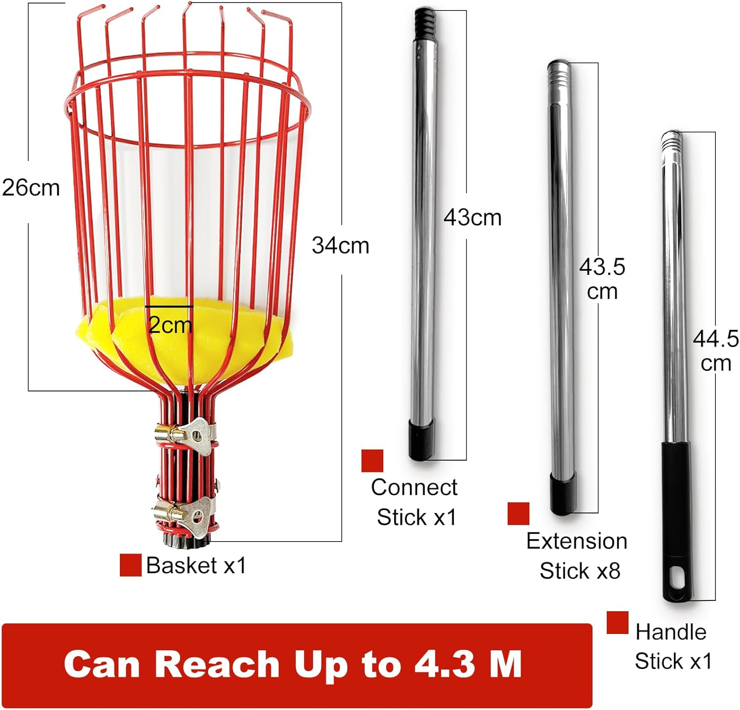 4.3M Fruit Picker, Apple Picker with Telescopic Handle, Fruit Picker Tool with Lightweight Stainless Steel Connecting Pole and Basket, Fruit Grabber Easy to Assemble, Tree Picker for Orange Lemon Etc image number 1