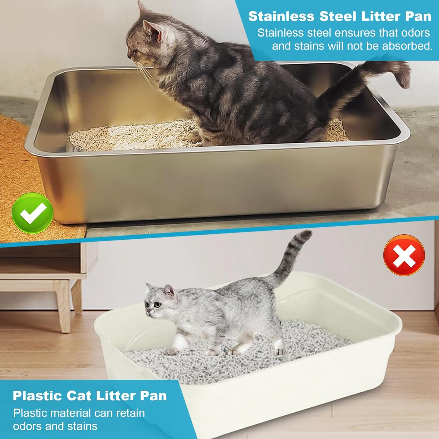 Cat Litter Tray Thickened 304 Stainless Steel, Litter Box, Metal Toilet Cats and Rabbits, Never Odours, Rustproof, Non-Stick Smooth, Non-Slip, Easy to Clean (17.8 Inches L X 13.8 Inches W X 4 Inches image number 3