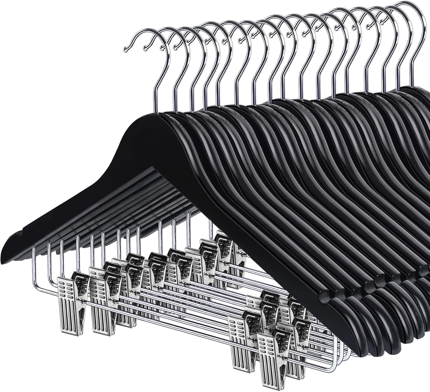 HOUSM 16Pack Wooden Skirt Hangers with Clips, Solid Wood Pants Hangers, Natural, Smooth Finish, High-Grade Selected Wood, Sturdy Metal Clips for Blouse, Dress, Coat, Jacket