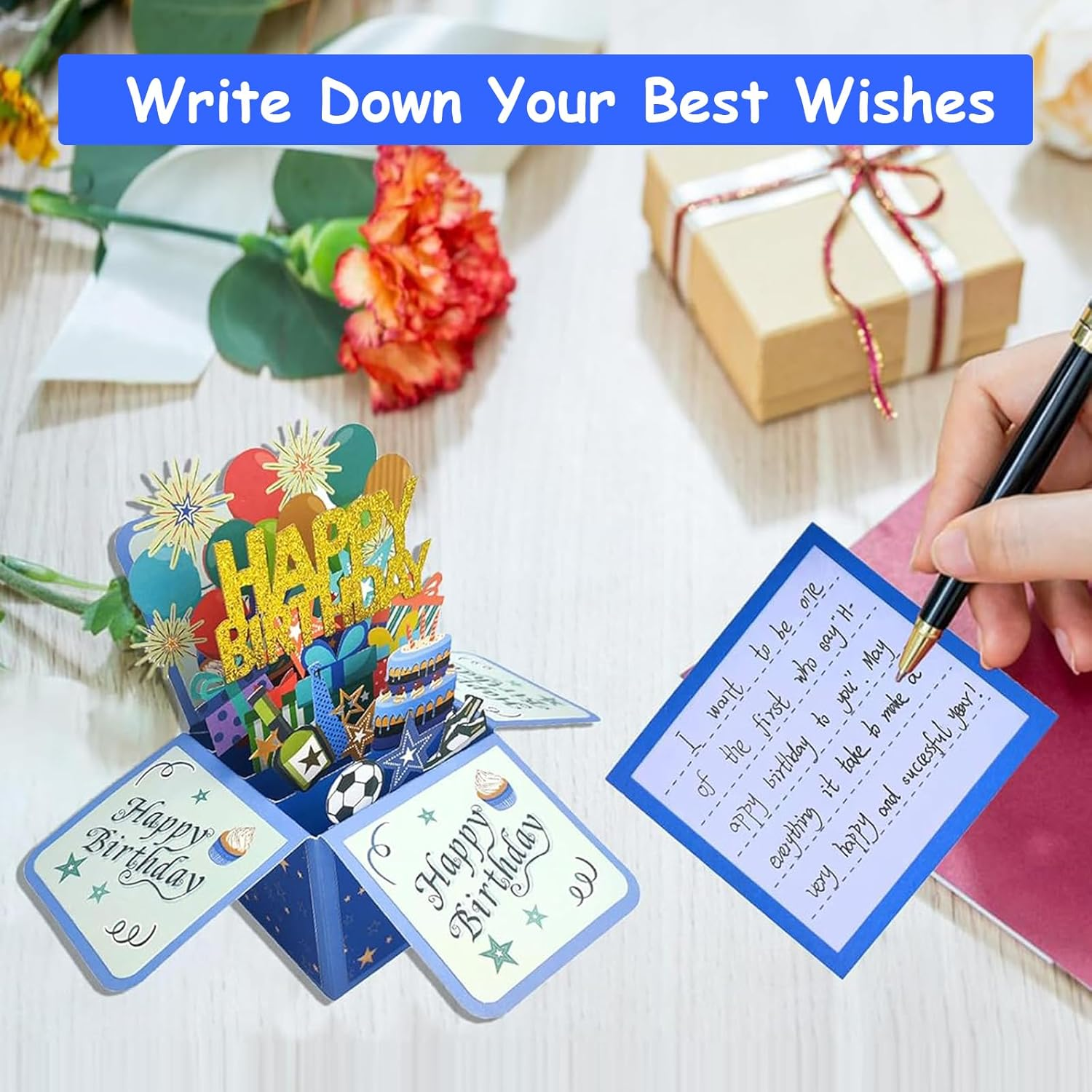 Pop up Happy Birthday Card,3D Candle Cake Happy Birthday Pop up Greeting Boxed Cards,Special for Friends Kids Families Boys and Girls (Blue) - Pink And Golden image number 3