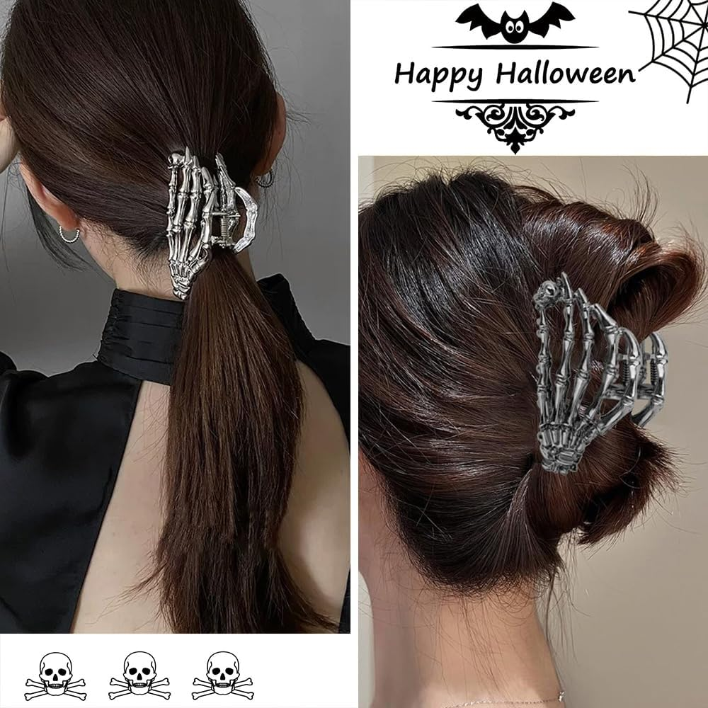 XFSRG Pack of 3 Women'S Gothic Skeleton Claw Clip Punk Non-Slip Hair Accessories for Halloween Party Cosplay (Set A) image number 2