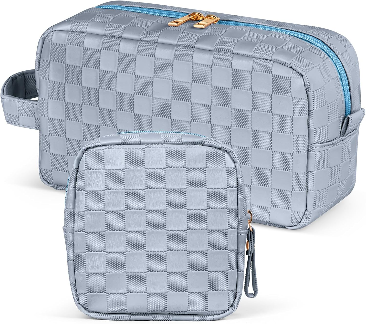 MAGEFY Small Makeup Bag for Purse, Checkered Makeup Bag Small Pouches for Purse Leather Mini Make up Bag Cute Cosmetic Bag for Women with Slip-In Pockets (Beige)