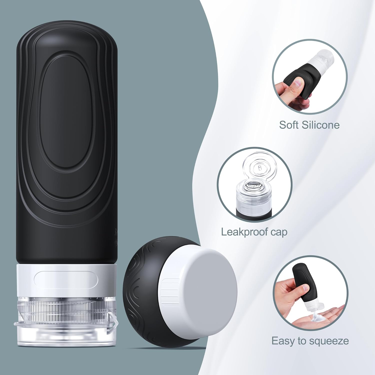 Aeomni Silicone Travel Bottles Set, TSA Approved 3-1-1 &mdash; 4&times; 89 Ml (3 Oz) Squeeze Bottles + 4&times; 30 Ml (1 Oz) Jars, Food-Grade, Leak-Proof, Refillable, with Clear TSA Bag &mdash;Grey Gradient image number 2