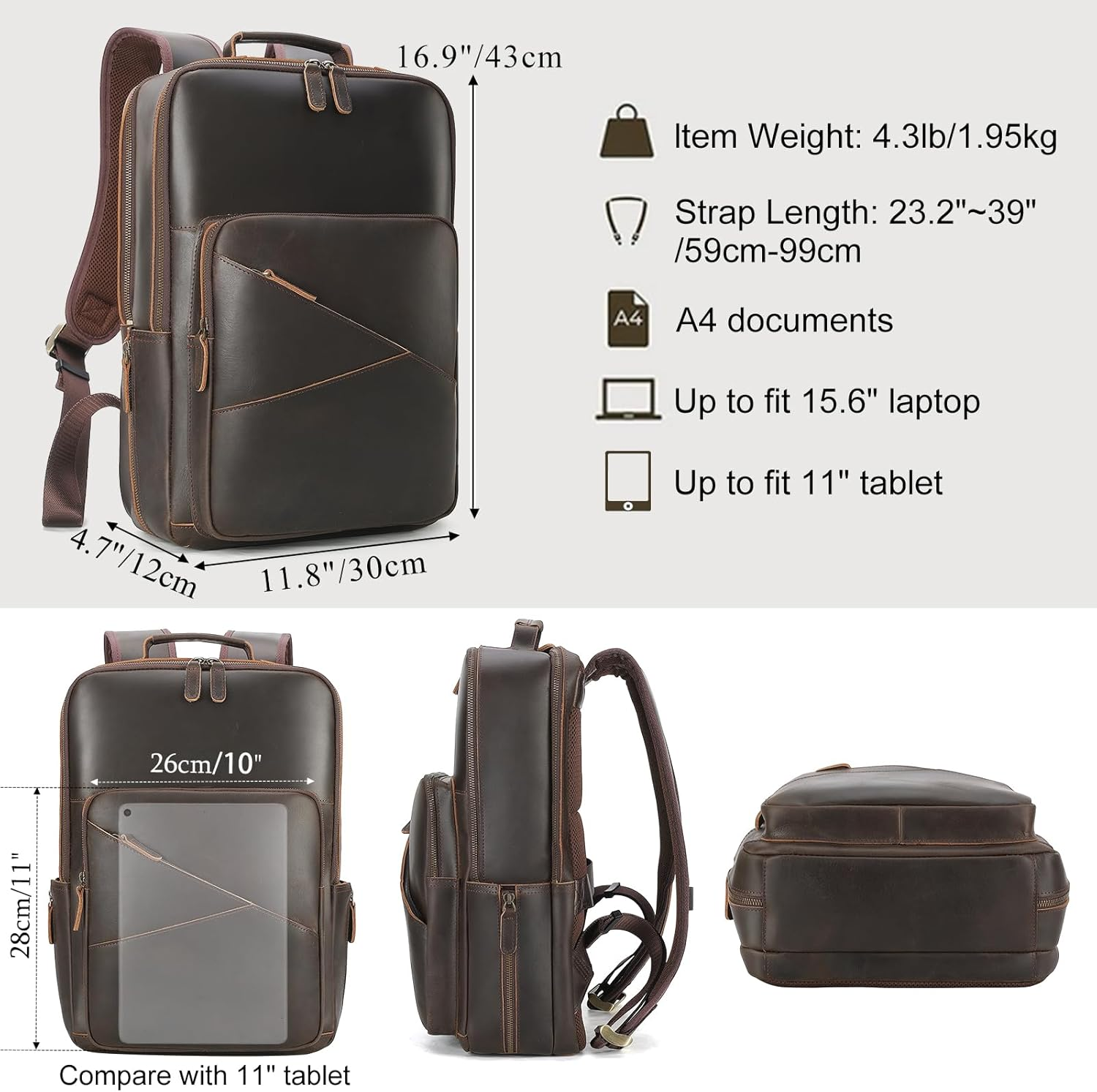 Tiding Vintage Genuine Leather Backpack for Men 15.6" Laptop Bag Multi Pockets Travel Rucksack Business Overnight Daypack image number 4