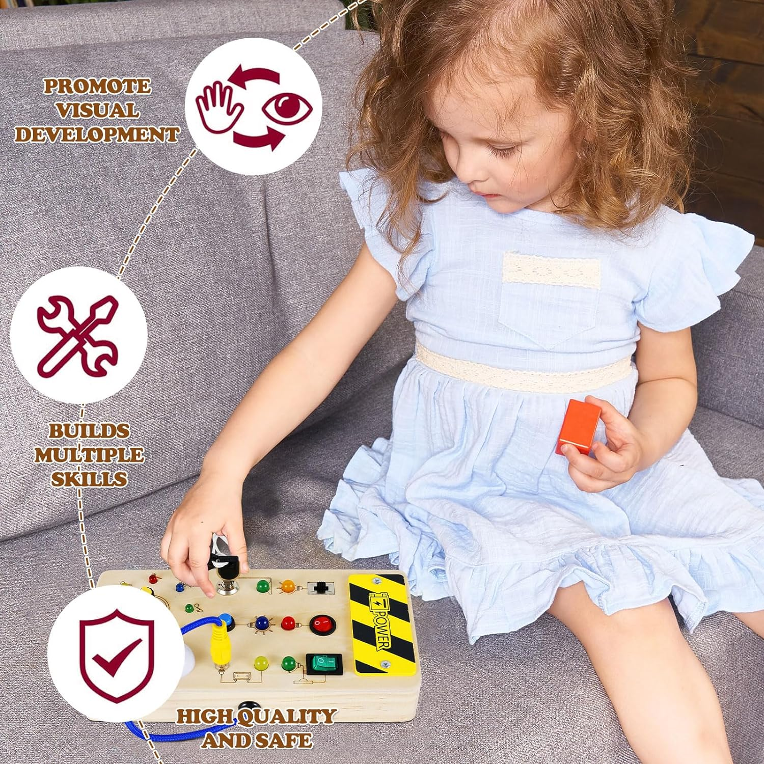 Montessori Busy Board for Toddlers LED Light Switch Busy Board Toddler Busy Board Travel Toy Wooden Sensory Toys with 8 LED Light Switches Educational Learning Toy for Toddlers Kids Gift image number 4