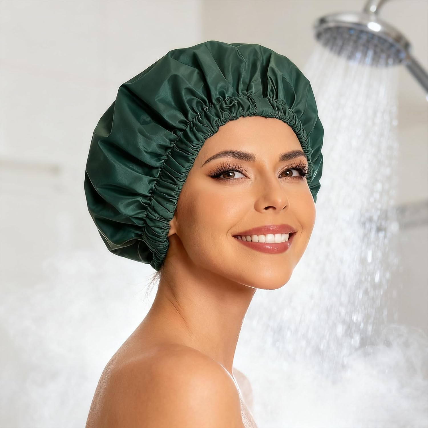 Xolixorium Reusable Shower Cap for Women Large Waterproof Shower Bonnet Washable with Elastic Band Bath Hair Hat for Long Hair and Braids Green image number 4