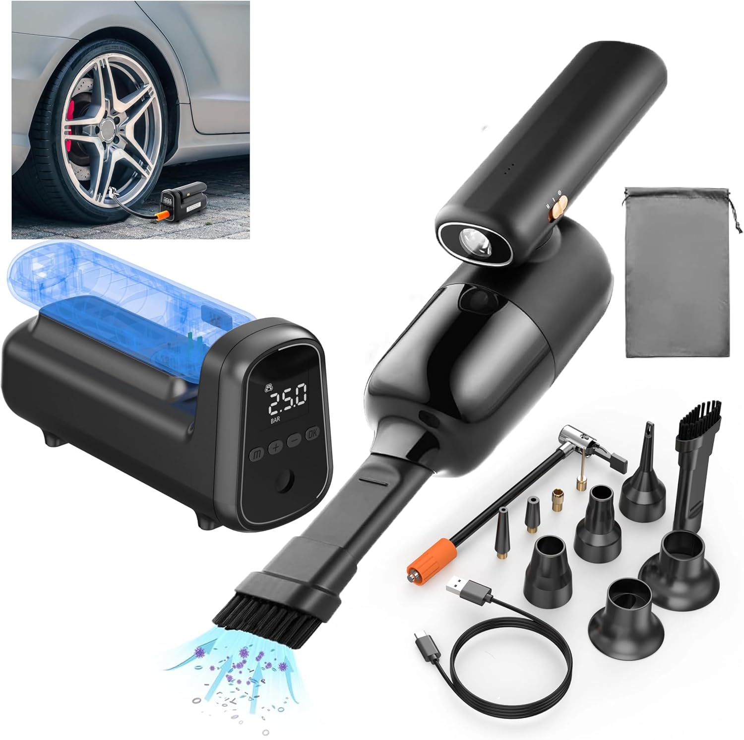 GALENPOO 10 in 1 Cordless Handheld Tire Inflator Vacuum Cleaner 150PSI 13000Pa Suction, 4000Mah Power Bank and Emergency Light, Fits Car Truck Motorcycle Bike Tire Balls, Portable Air Compressor image number 6