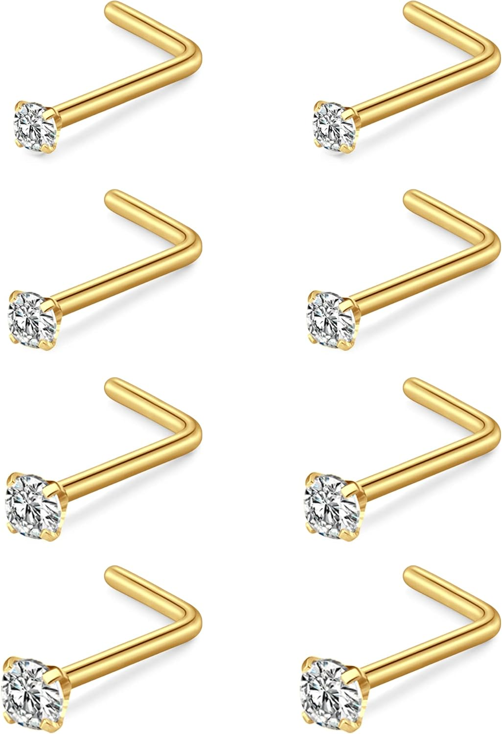 MODRSA 18G 20G 22G 8Pcs Surgical Steel Nose Rings Studs 2Mm Colorful round CZ L Shaped Nose Piercing Jewelry image number 2