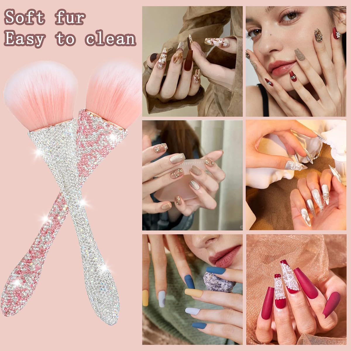 2 PCS Nail Art Dust Brush Shiny Rhinestone Nail Fust Brush Ultra Soft Nylon Dust Brush for Nails Large Brush Cleaner Nail Brushes for Nail Art Cleaner Tools Shape Nail Brush & Makeup Brush image number 3