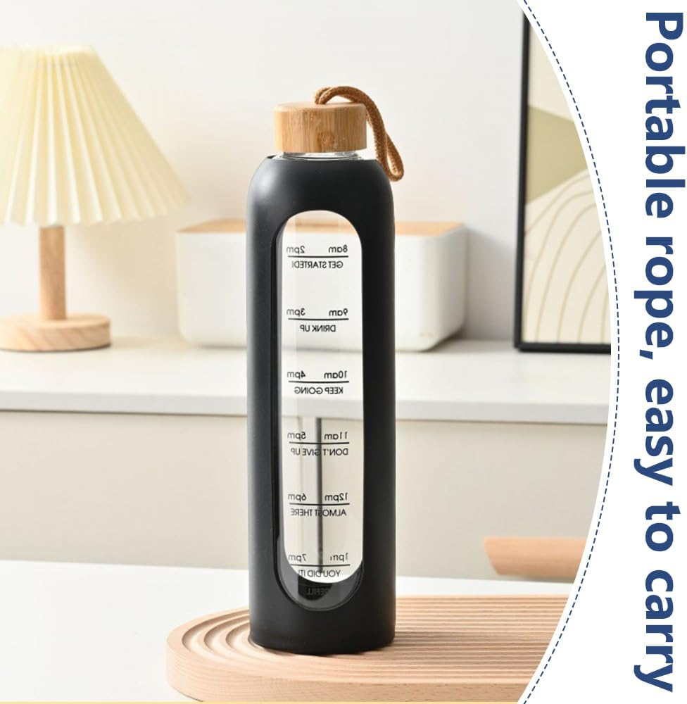 1000 ML Water Bottle, Time Marker Water Cup, Reusable Glass Tumbler, Motivational Water Bottles with Silicone Sleeve and Bamboo Lid, Drop Resistant Water Bottle for Gym Sports Outdoor (8X8X28.5Cm） image number 5