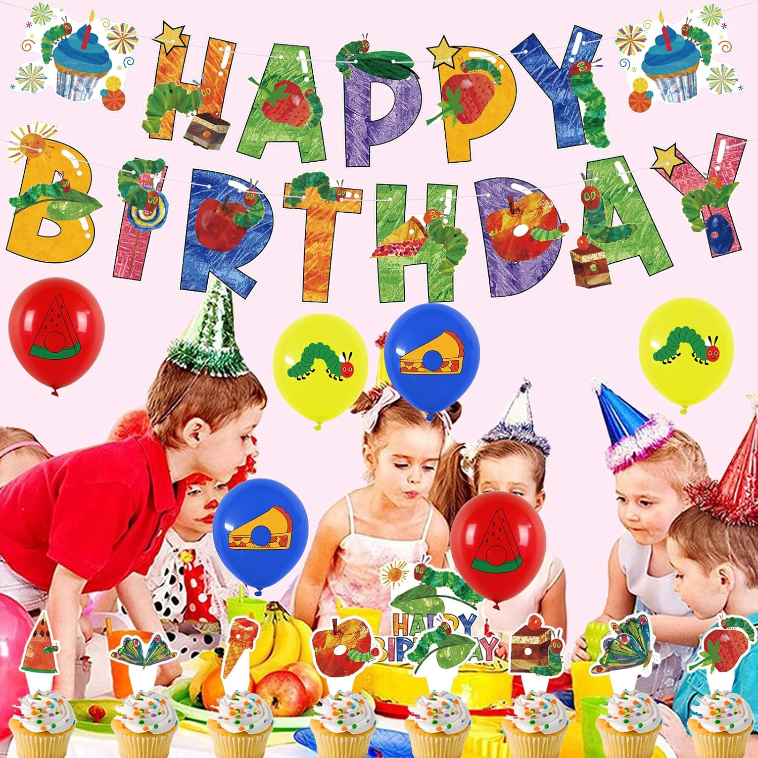 The Very Hungry Caterpillar Birthday Balloons, Banner, Cake Toppers - Bright, Cartoon, Includes Balloon Bow image number 4