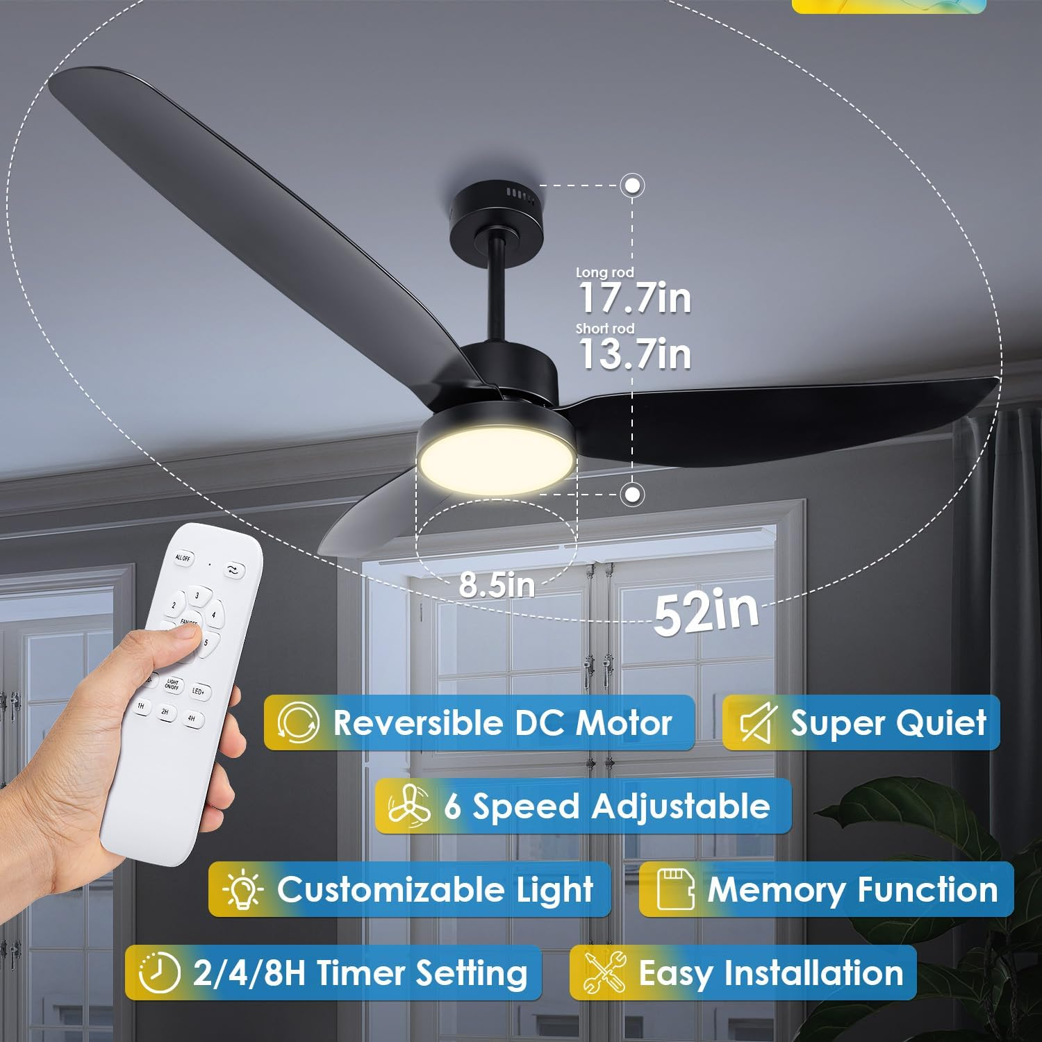 Soilsiu 52 Inch Ceiling Fan with Light and Remote, Flush Mount Quiet Ceiling Fan with Dc Motor, Reversible Blades 6 Speeds 3 Colors Dimmable LED Ceiling Fan Light for Living Room (220V-240V, 50Hz) - White image number 2