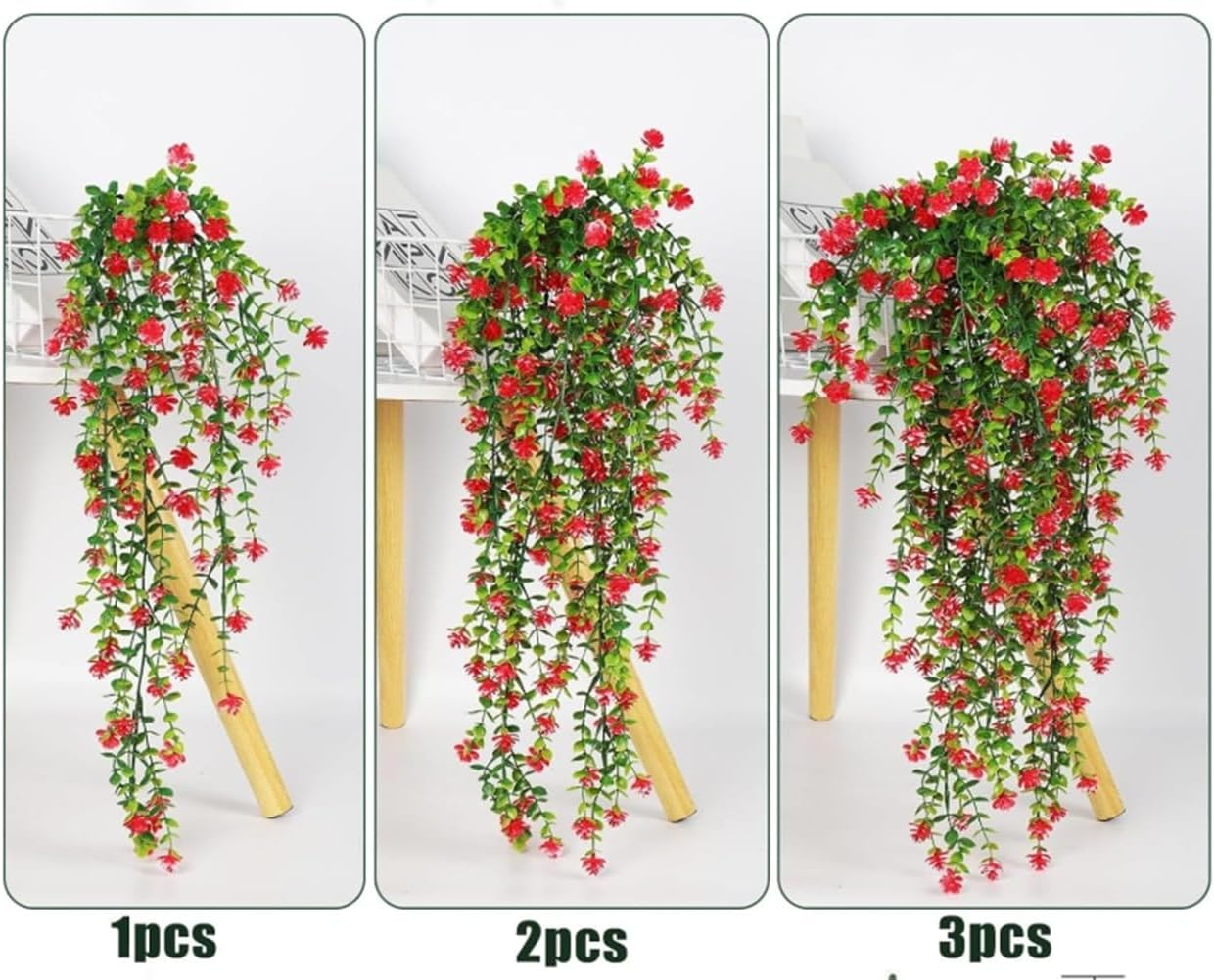 AU7042-3 2 Artificial Hanging Flowers Eucalyptus UV Protection Fake Plants Vine Hanging Flowers Plastic Green Home Garden Wedding Party Indoor and Outdoor Decoration Red (Excluding Plates) image number 5