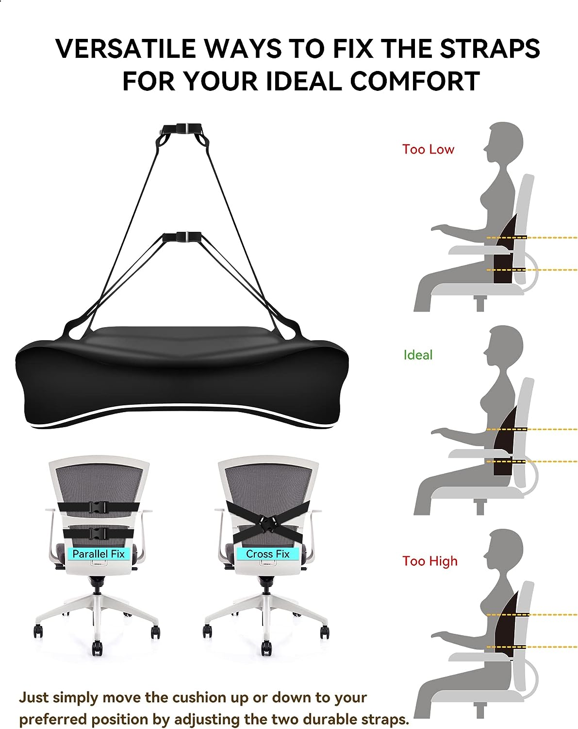 TRAVEL EASE Ergonomic Lumbar Support Cushion, Memory Foam Back Support for Car Seat Office Chair Gaming Chair, Backrest with Skin-Friendly Cover & Dual Adjustable Straps, Black image number 6