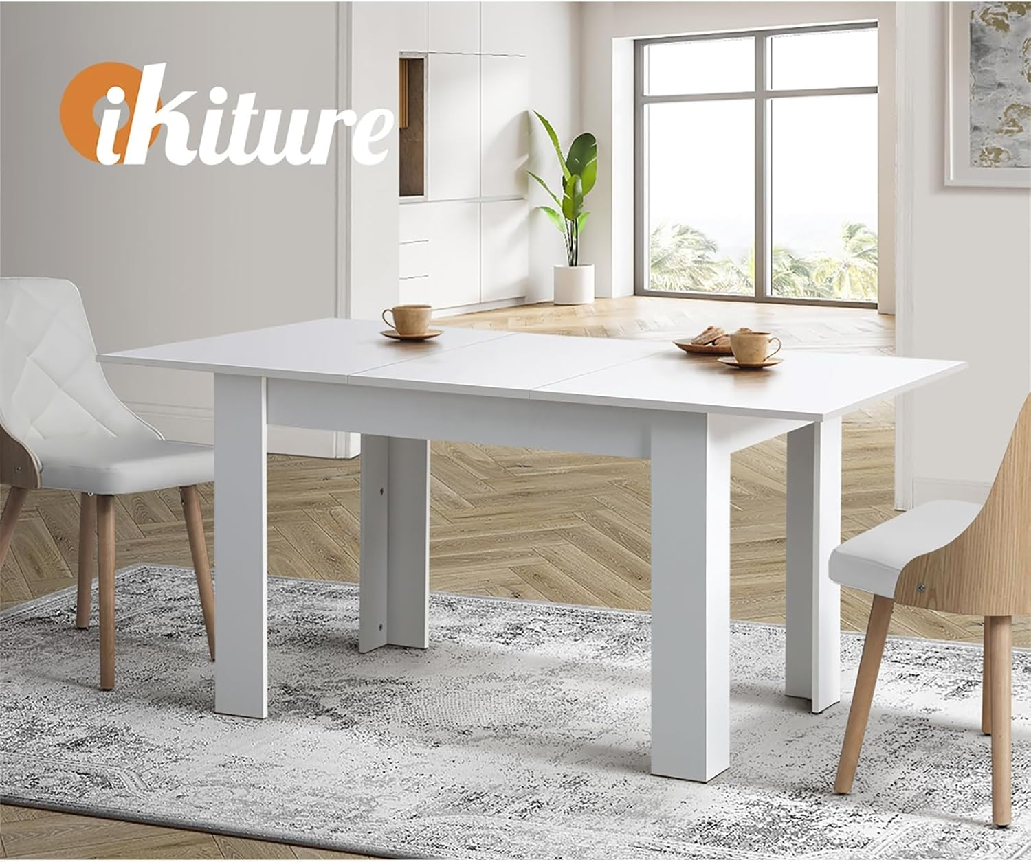 Oikiture 160Cm Dining Table Extendable Rectangular Dining Table for Home Kitchen and Dining Room White image number 1
